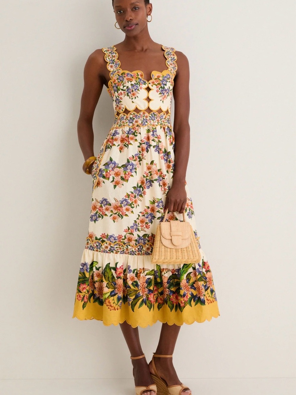 FARM Rio Cream Floral Midi Dress with Yellow Scallop Trim